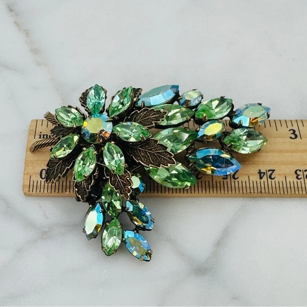 Vintage Signed Regency Brooch Pin Green Blue AB Navette Rhinestone Rare 50s 60s